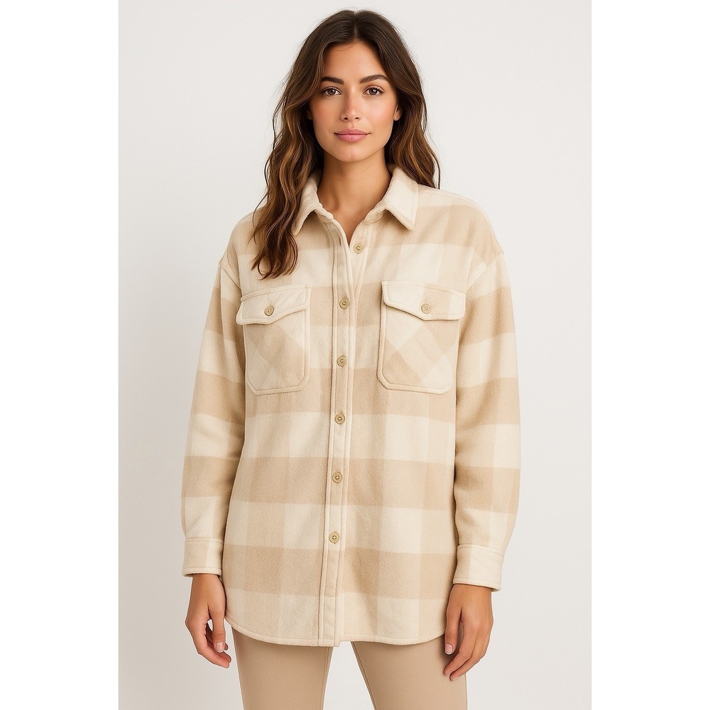 Aerie Women's S Beige Plaid Button Front Shirt Jacket Shacket Soft Cozy Pockets